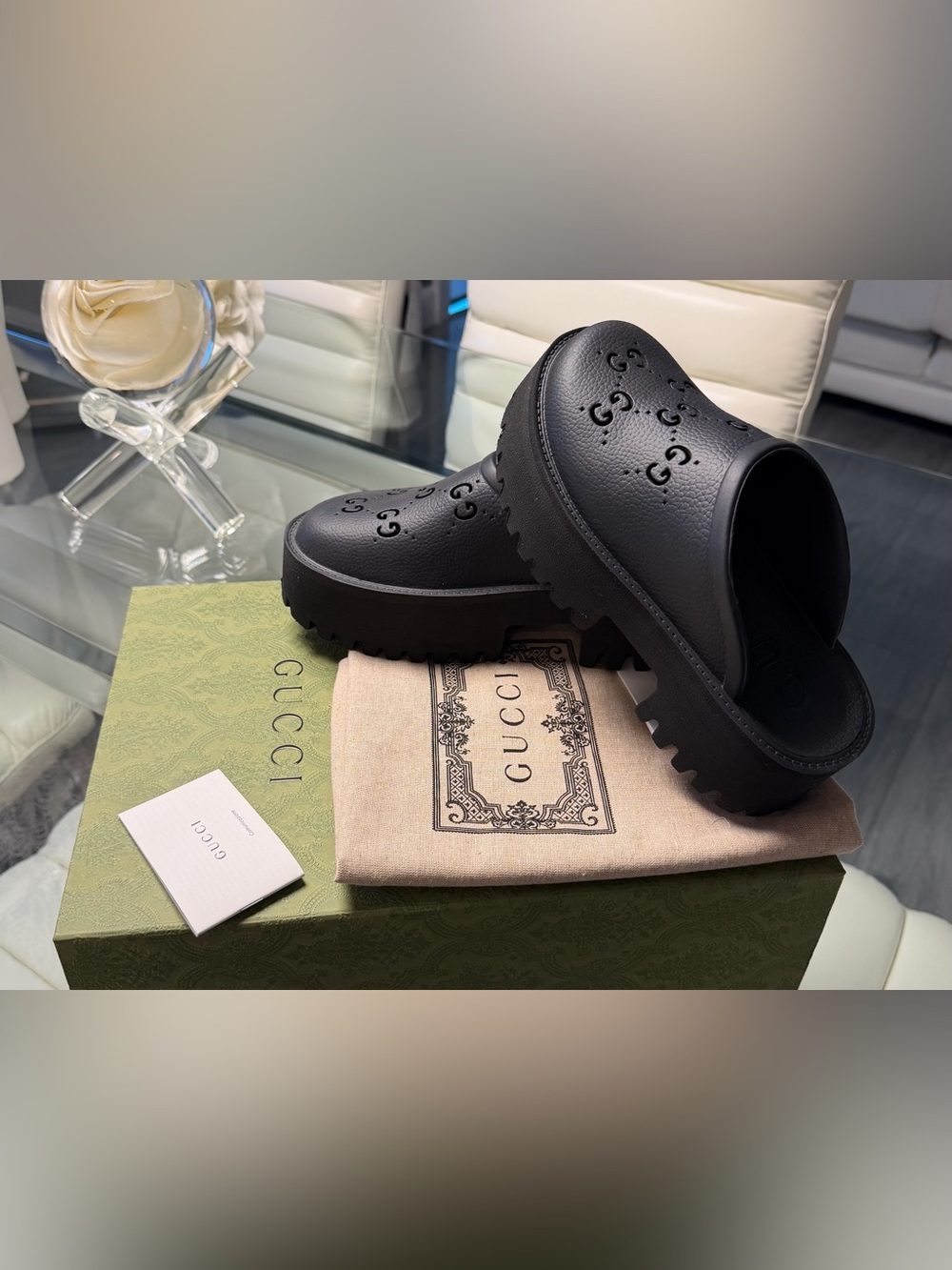 Gucci Black Perforated GG Platform Clog Mules - Picture 2 of 10